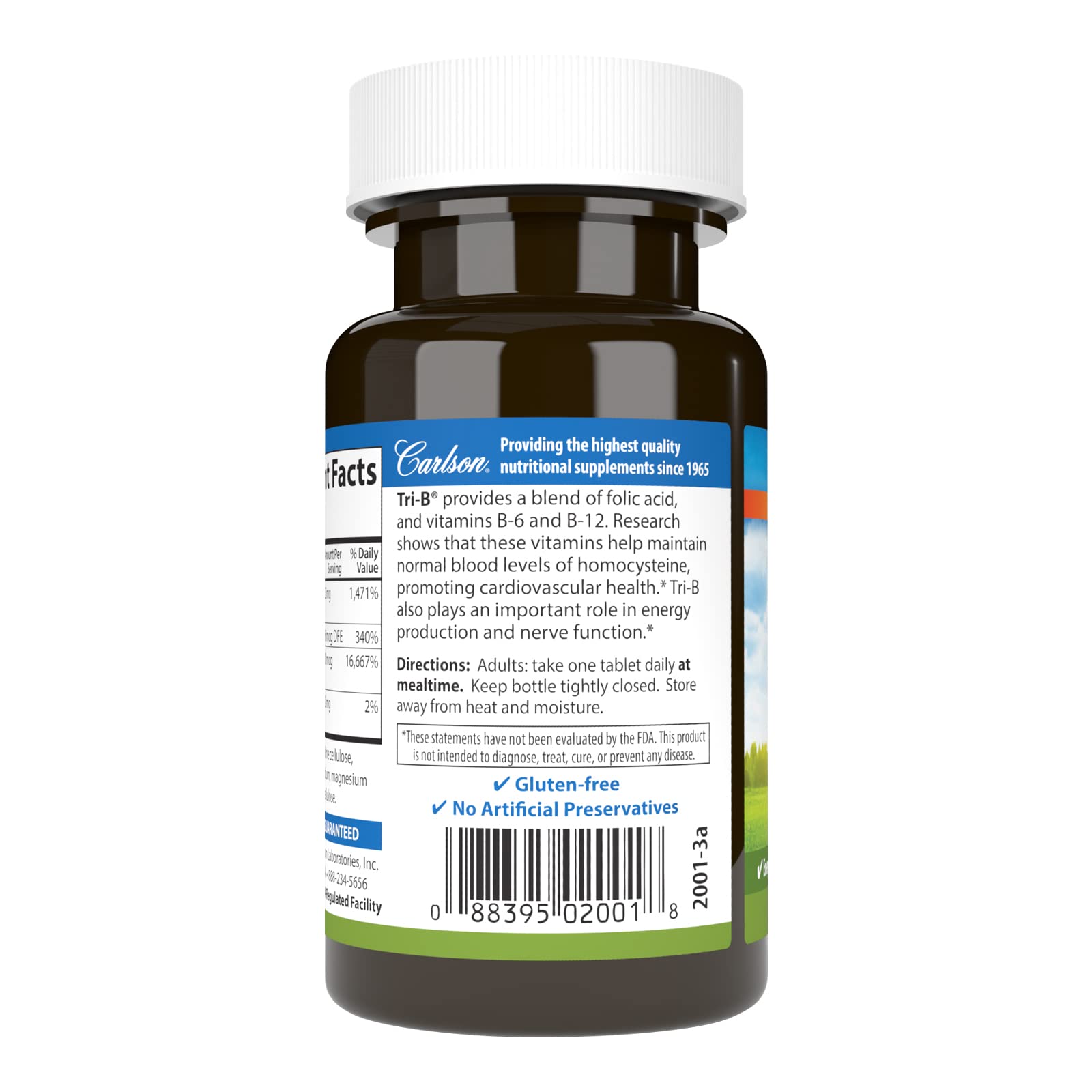 Carlson - Tri-B, Vitamin B Complex, 25 mg Vitamin B-6, 400 mcg Vitamin B-12, Folic Acid Energy Pills, Promote Cardiovascular Health, B Complex Vitamins, B12 Supplement, B Vitamin Complex, 120 Tablets - Image 3